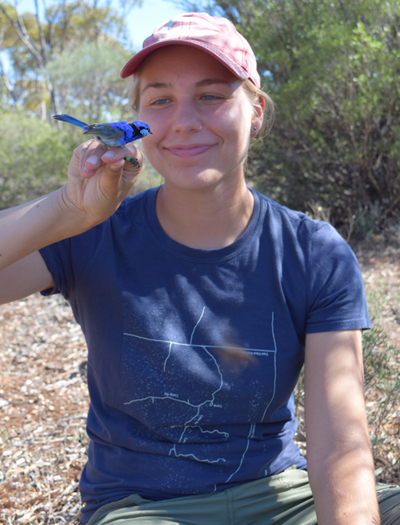 Jenny holding a fairy wren during her field work in Australia