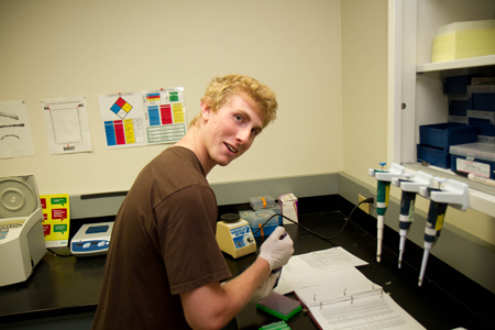 Nathan Trautenberg working the the Prizker Laboratory of Molecular Systematics and Evolution. - Photo by J. D. Weckstein